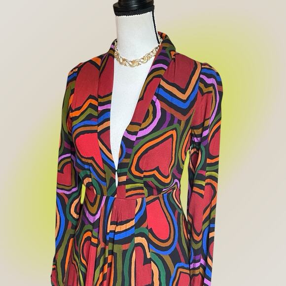 Farm Rio Rainbow Wild Hearts Maxi Dress Womens XS 0 2 Long Sleeve Red - Picture 5 of 16